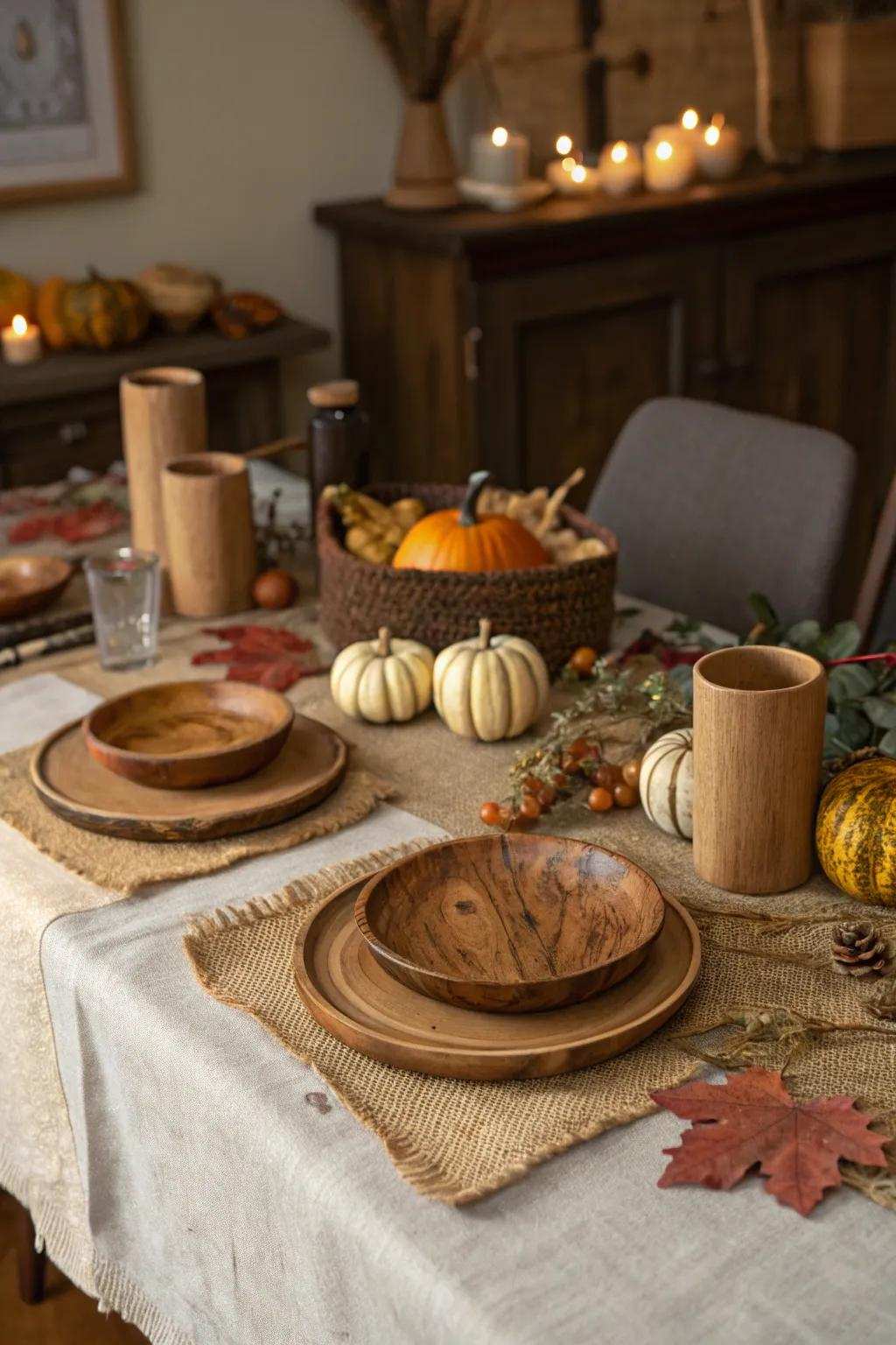 Earthy textures with wood and burlap for an understated feel.