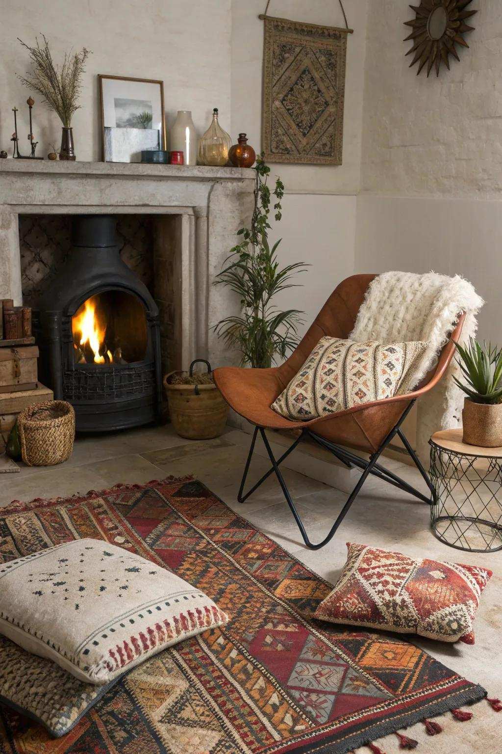 Eclectic decor touches make this fireplace uniquely inviting.
