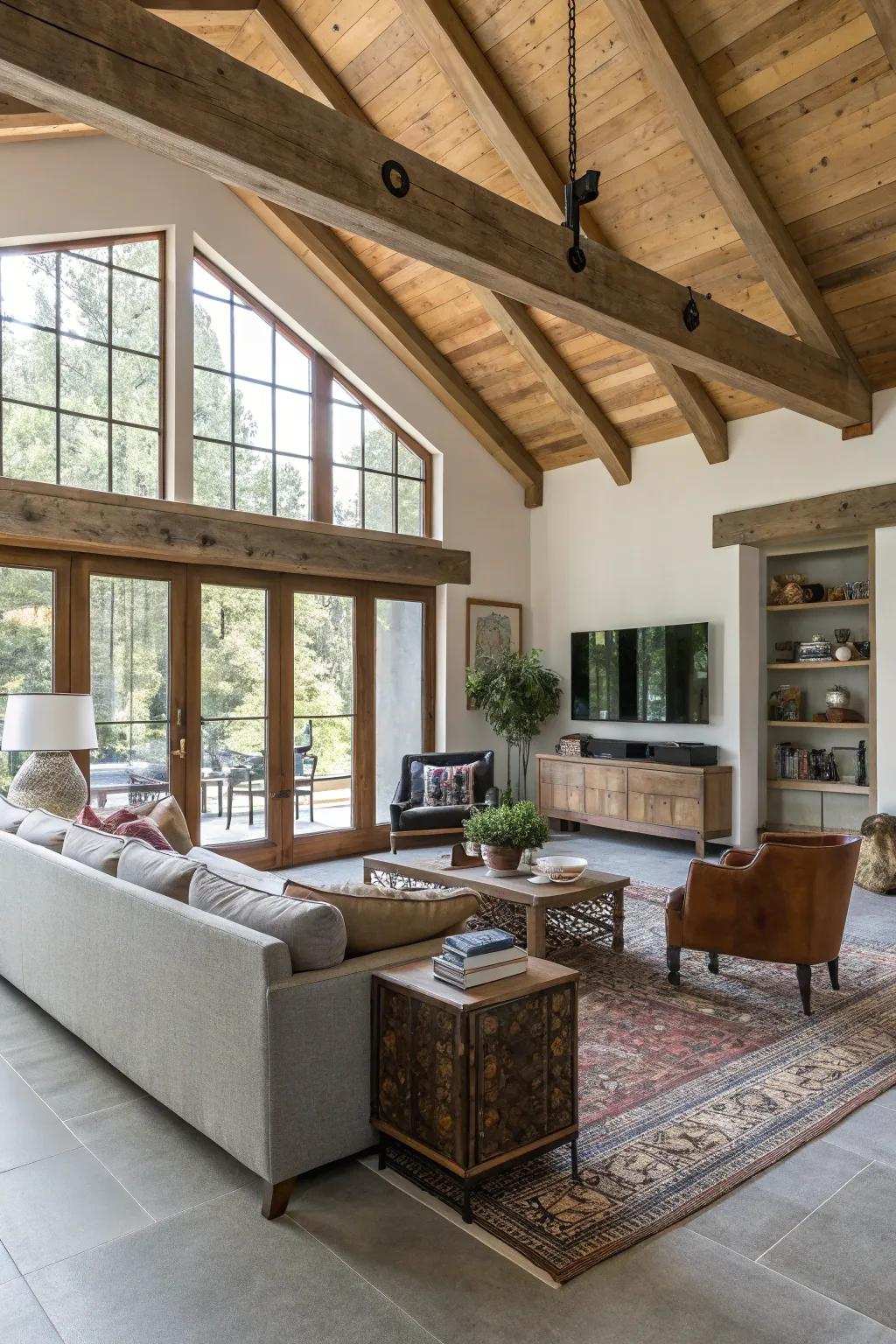 Eclectic family room showcasing a combination of modern and countryside aspects.