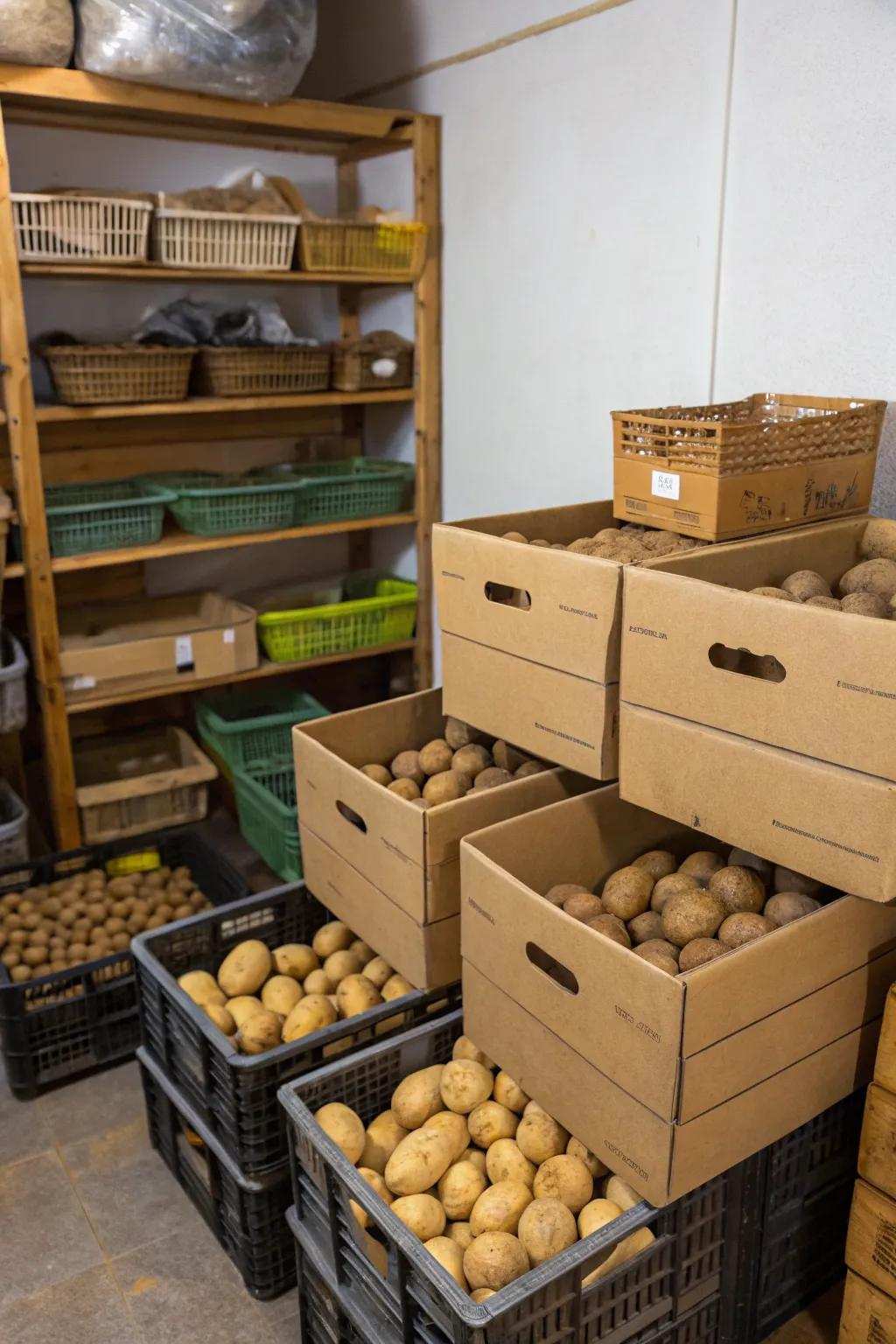 Eco-friendly potato stowage achieved through upcycled cardboard boxes.