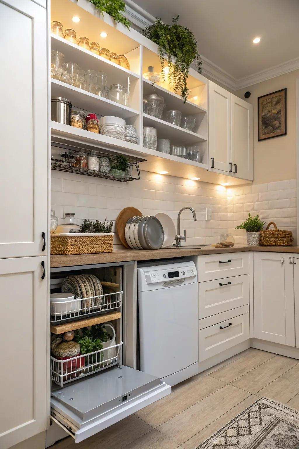 Effective use of upright area with shelving over the dishwashing machine.