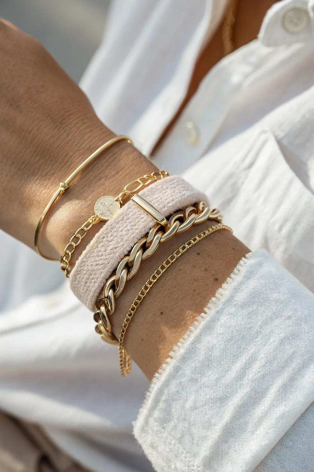 Effortlessly chic: Discover the art of wrist accessory layering by combining textures.