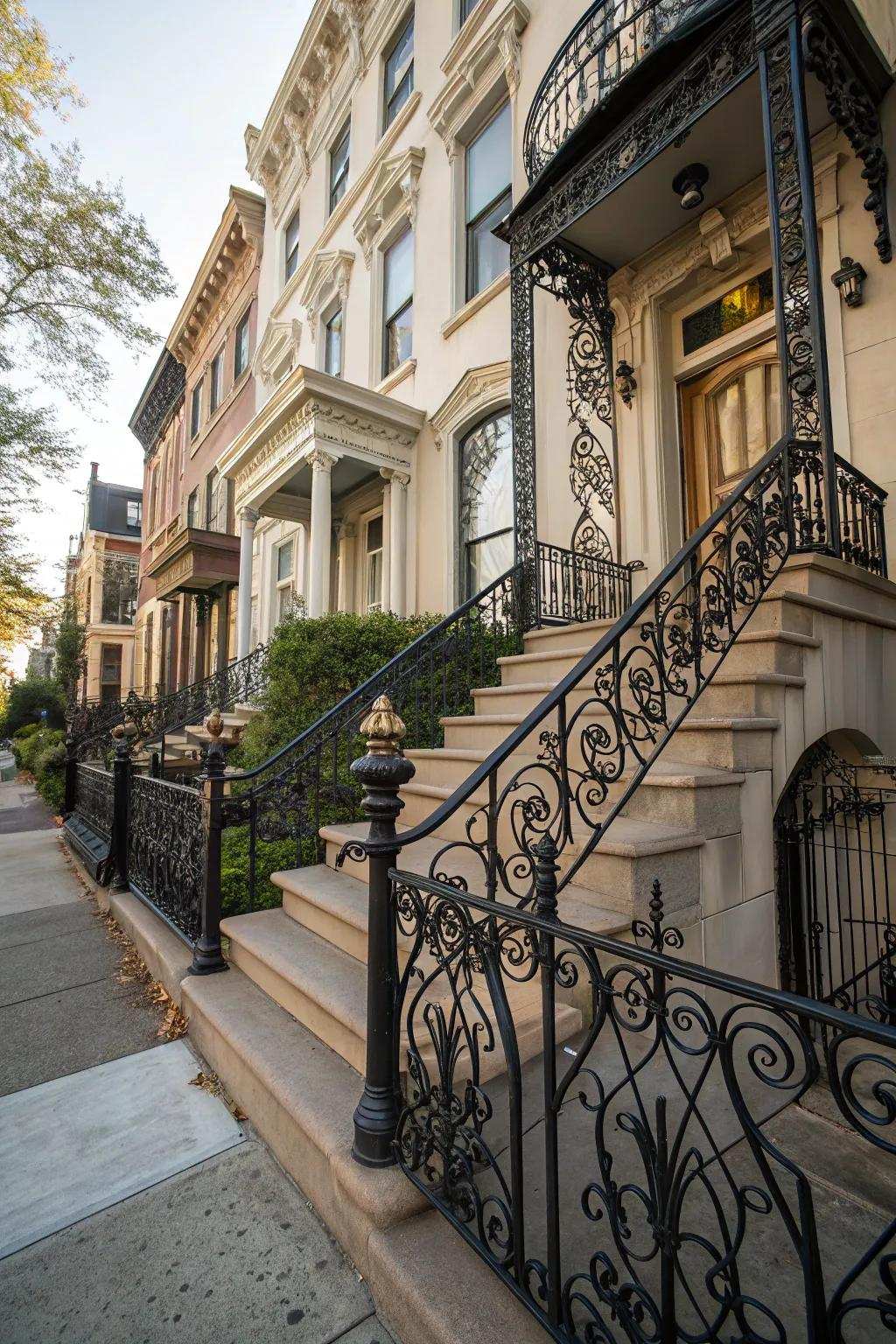 Elaborate ornamental metal railings bring classic elegance to this stairway.