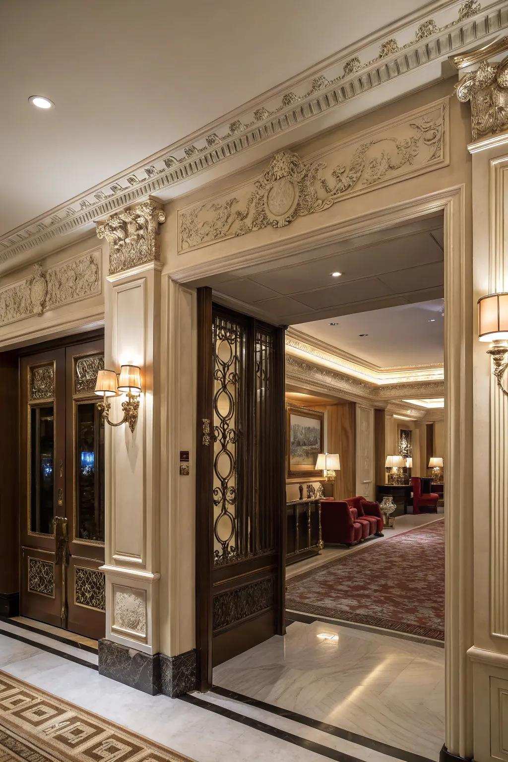Elaborate trims bring luxury and depth to the entryway.