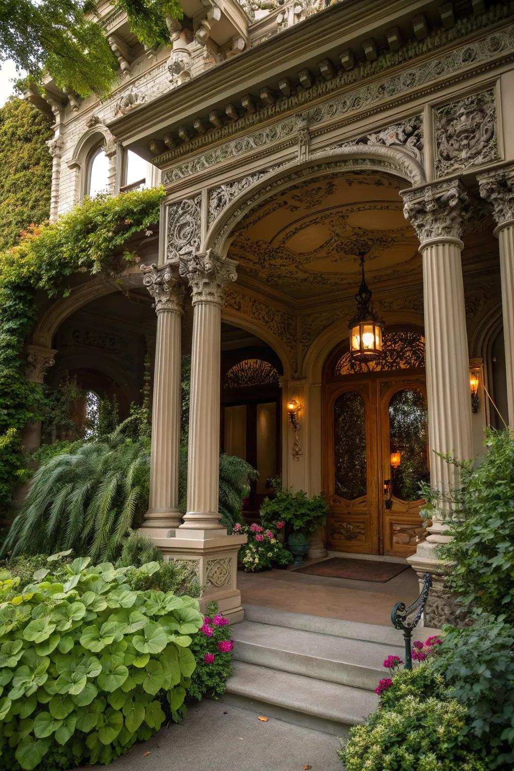 Elaborately carved Victorian pillars adding grandeur to a home's entrance.