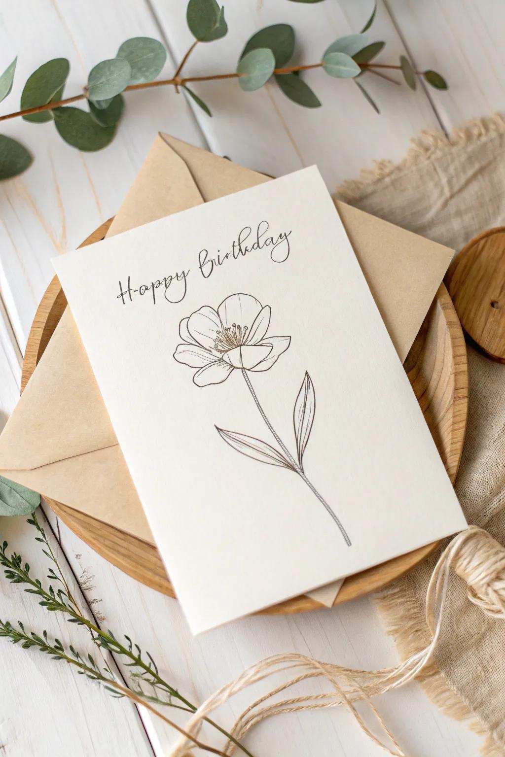 Elegance in simplicity: A minimalist birthday card with a single line floral drawing, perfect for the modern aesthete.
