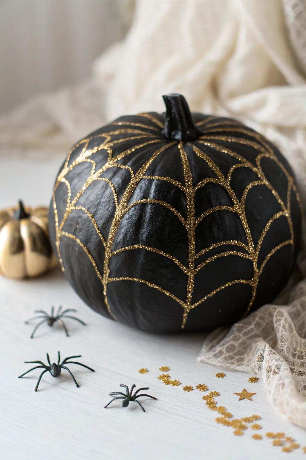 Elegant and eerie: A glittering gilded arachnid web transforms this pumpkin into a Hallows' Eve masterpiece.
