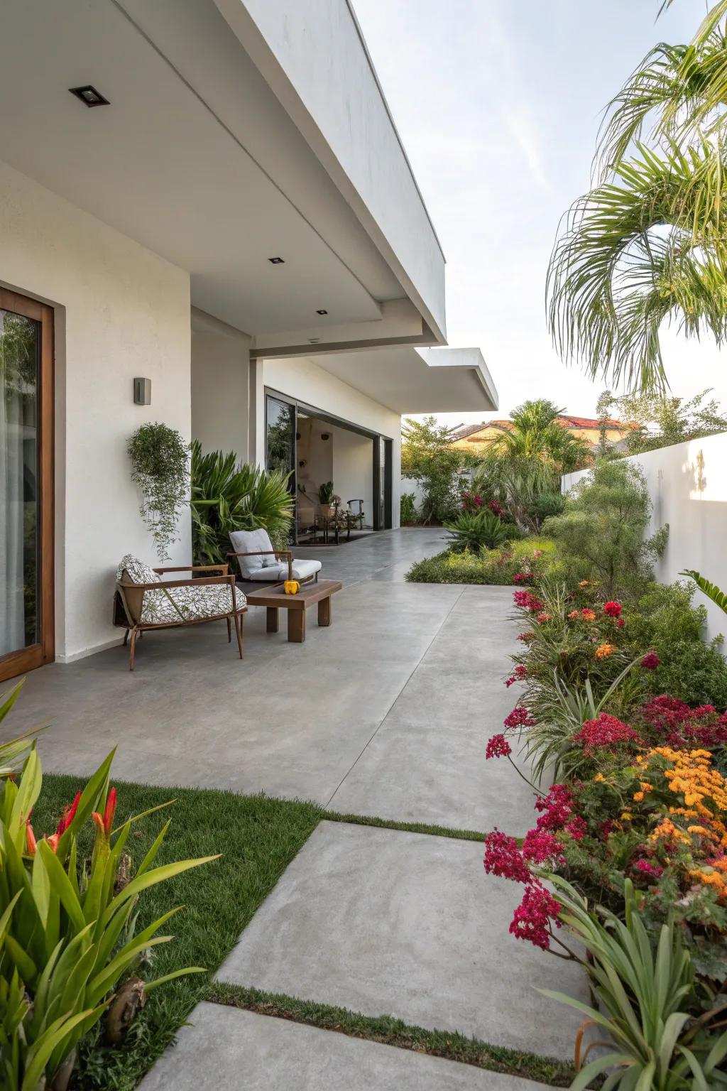 Elegant cement tiles fashion a modern and minimalist patio design.