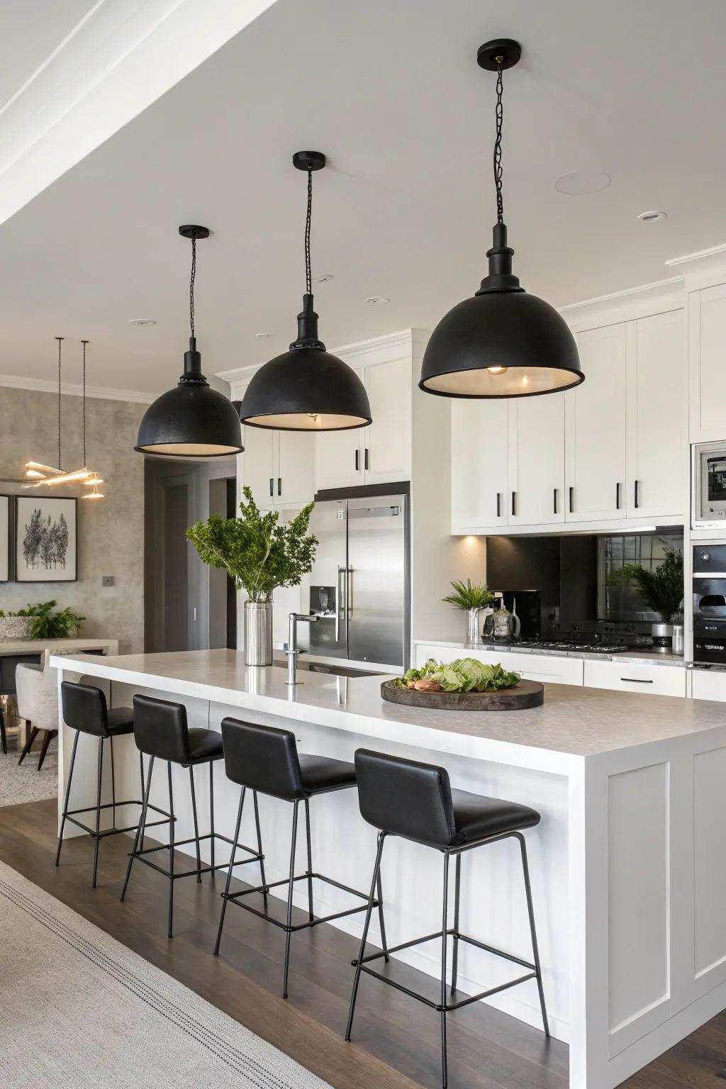 Elegant dark overhead lights introduce a modern touch to any kitchen.