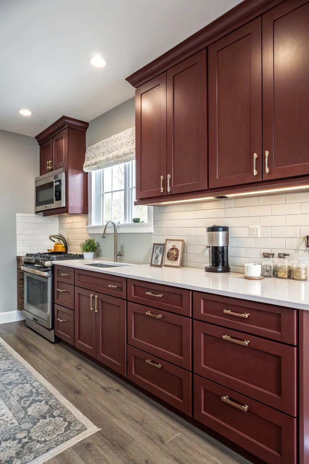 Elegant kitchen showcases burgundy cabinets and pale grey walls.