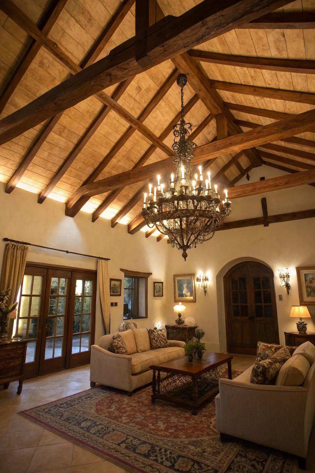 Elegant luminaire highlighting the timber supports in a family room.