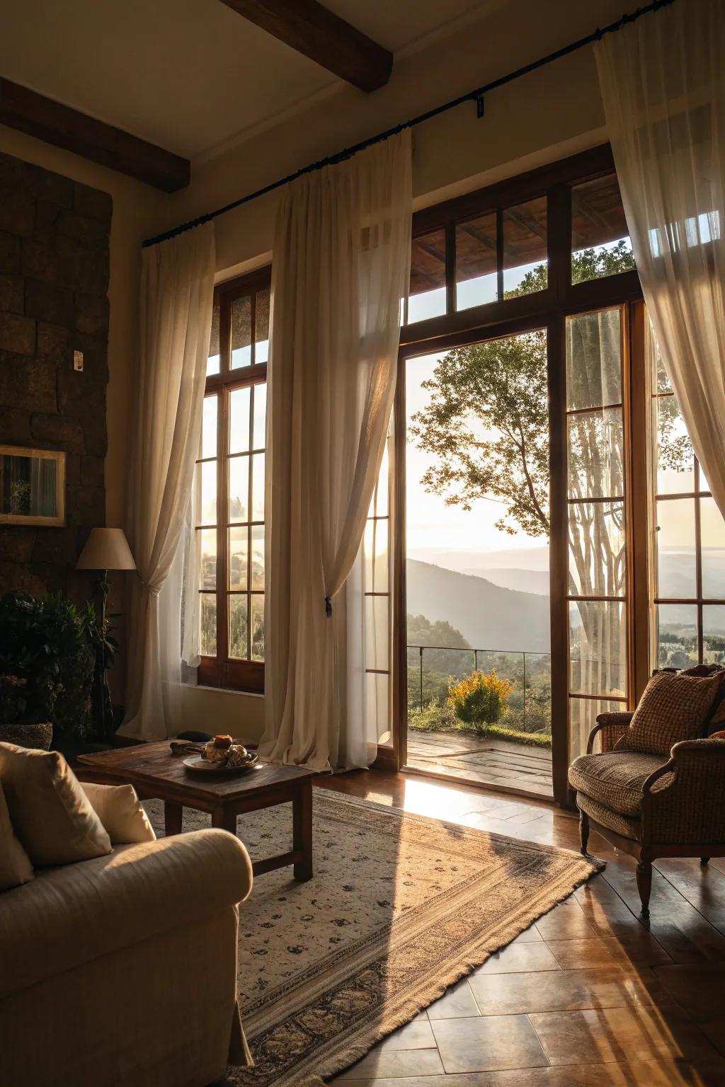 Elegant sheer curtains providing privacy while allowing light to stream in.