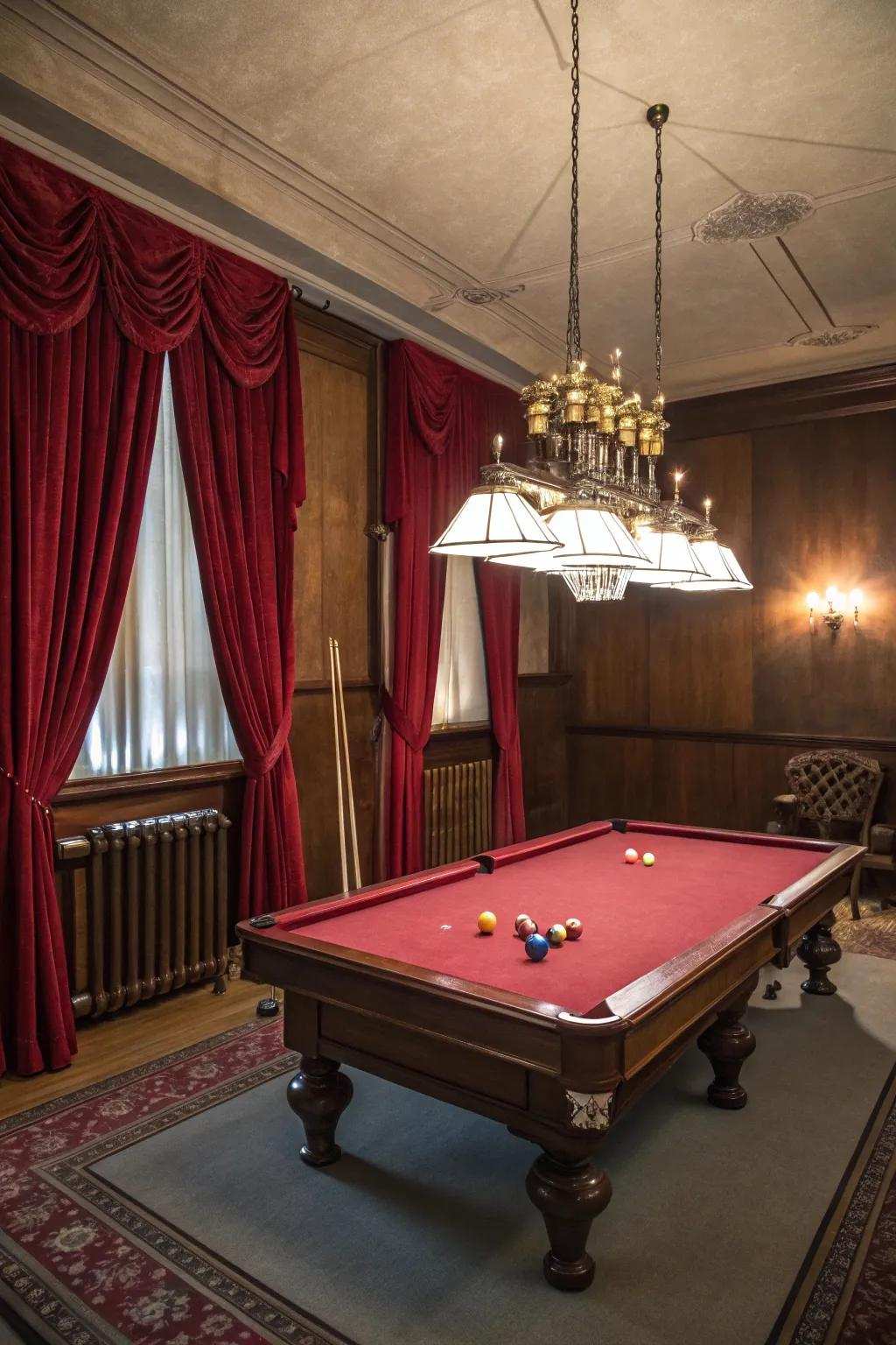 Elegant suspended lighting enhancing the mood of a billiard room.