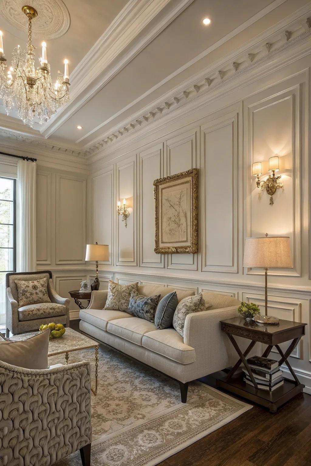 Elegant wall trim contributes texture and elegance.