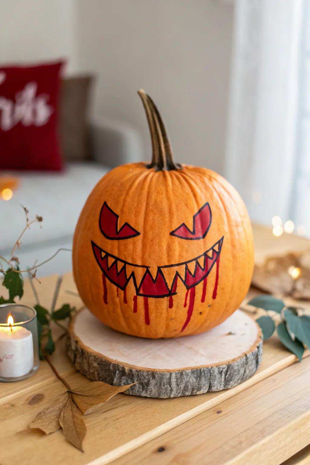 Elegantly eerie: A simplistic vampire pumpkin with a bite of drama.