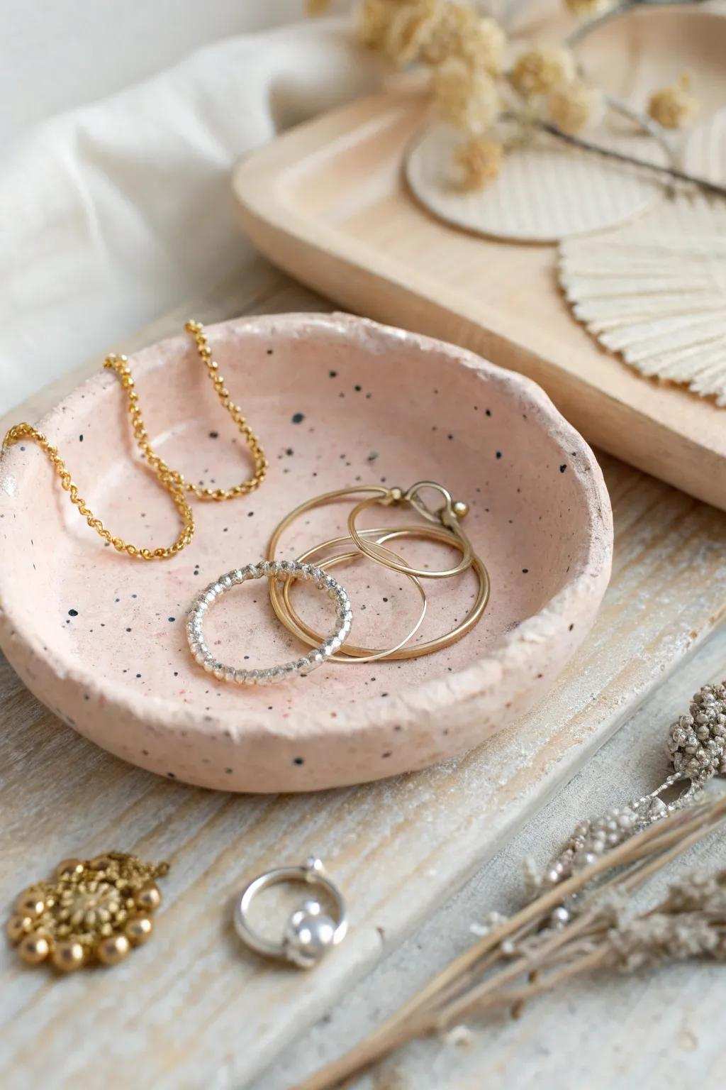 Elegantly organize your treasures using this self-made clay adornment tray, where simplicity converges with artisanal allure.