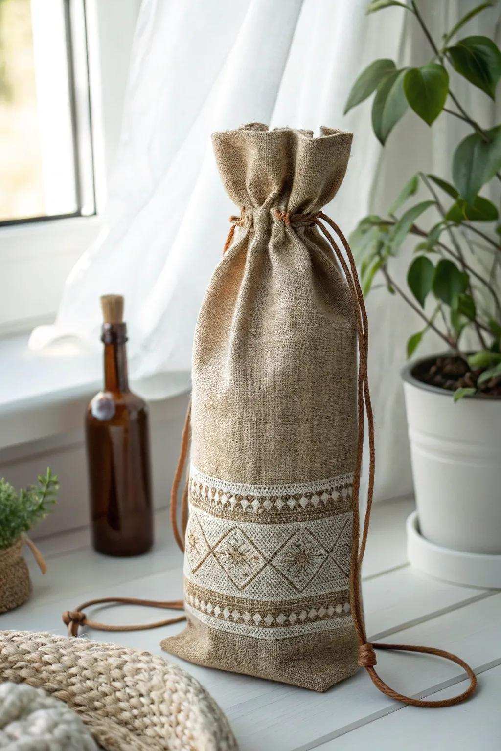 Elevate gift-giving using the countryside charm of handcrafted grain sack wine bags.