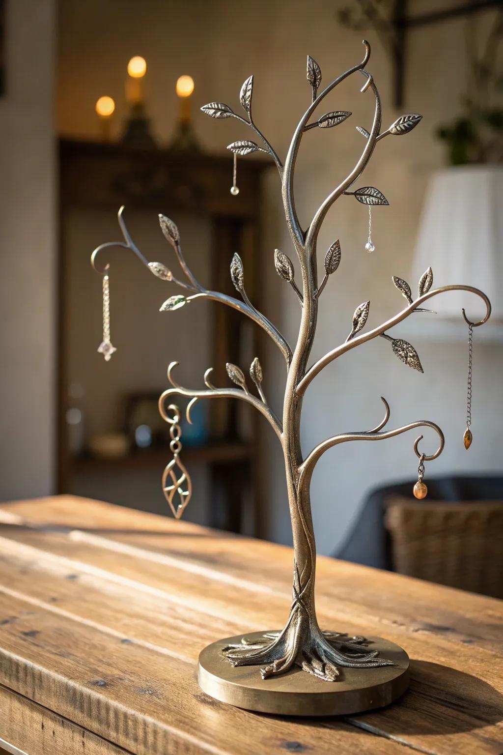 Elevate your accessory game with this expertly crafted welded jewelry tree - where industrial charm meets elegance.