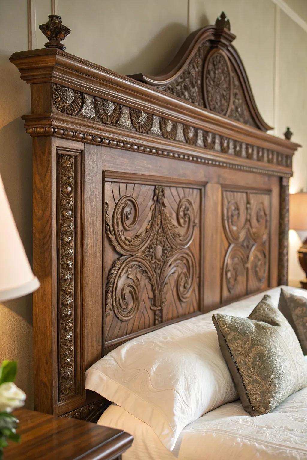 Elevate your bedroom with this handcrafted timber headboard, a masterpiece of artisanal elegance.