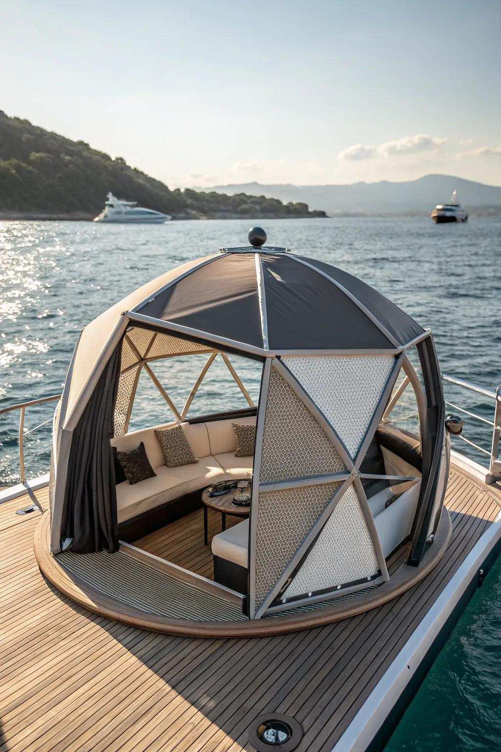 Elevate your boating adventure with the seamless combination of style and utility: an instant shelter that presents both sun protection and sophistication.