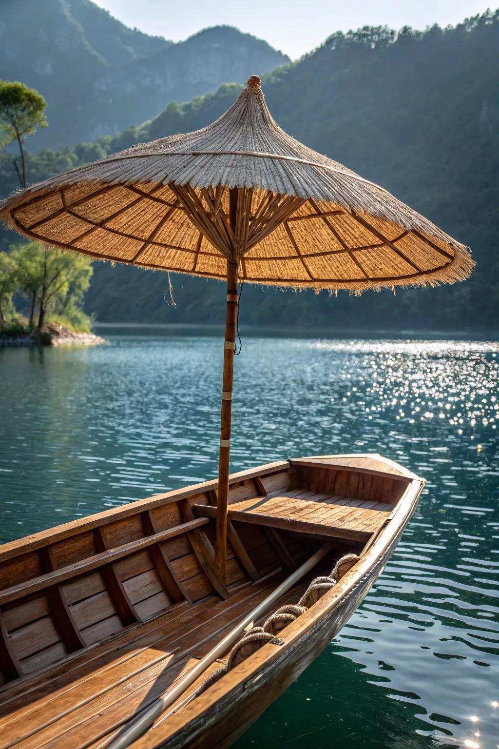 Elevate your boating adventure with this rustic handcrafted reed shade - where artistry meets nature.