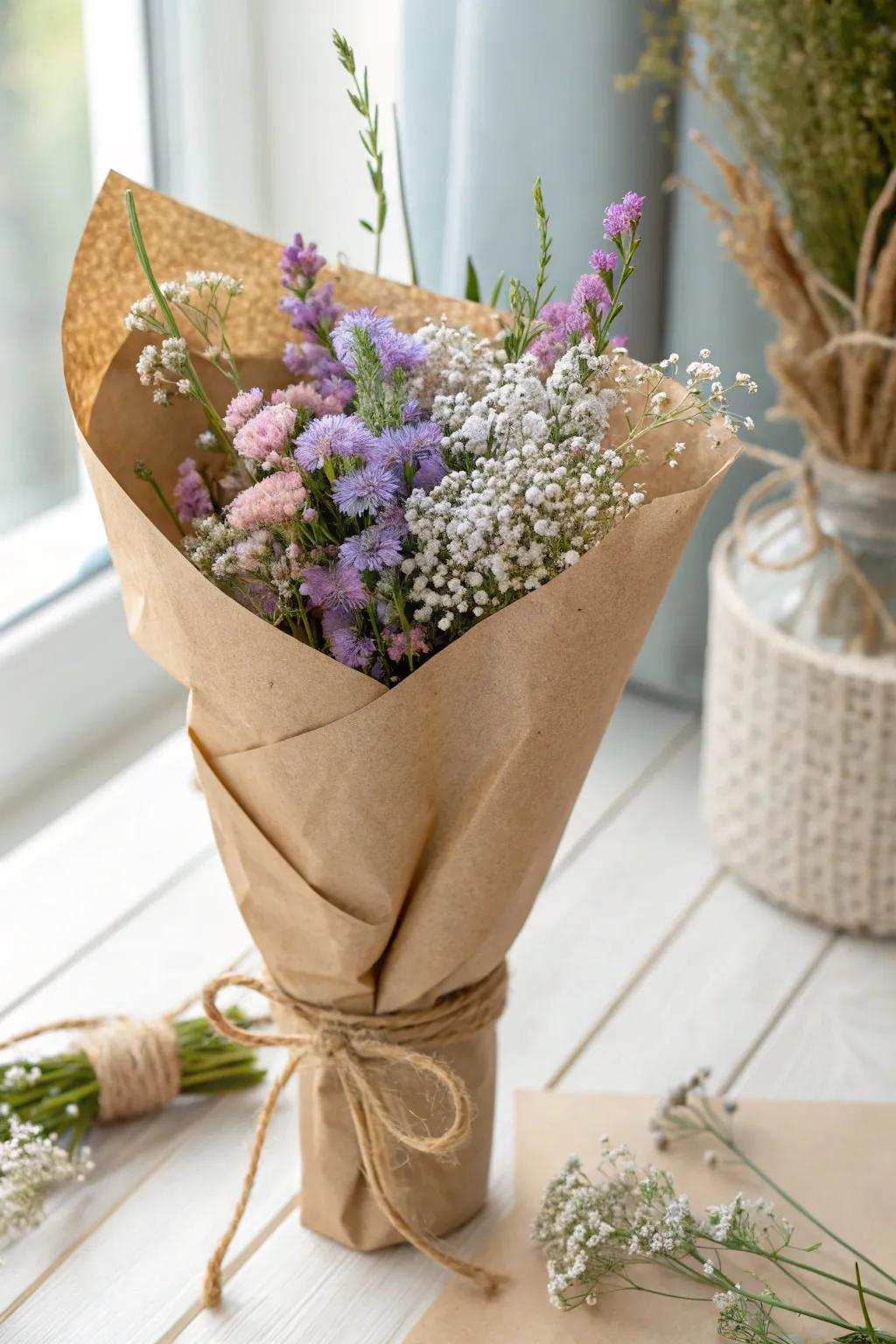 Elevate your bouquet through organic elegance utilizing a simple paper bag wrap. Perfectly minimalist featuring a hint of Boho charm!
