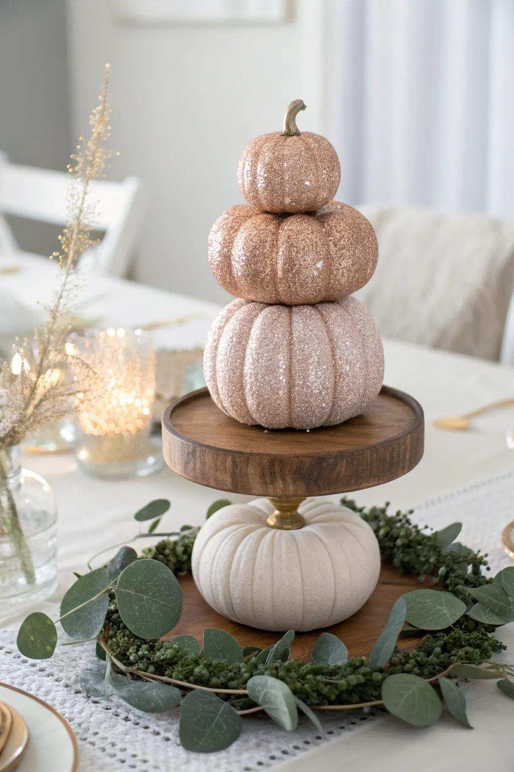 Elevate your dining ambiance with a glittering gourd focal point that blends minimalist refinement with a bohemian twist.