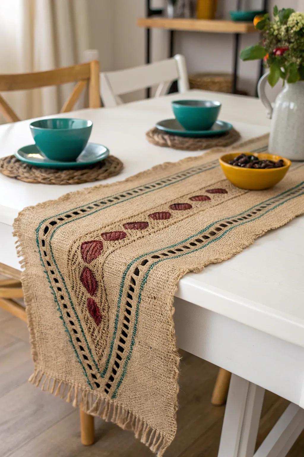 Elevate your dining experience using a countryside grain sack table runner that combines Scandinavian simplicity with boho charm.