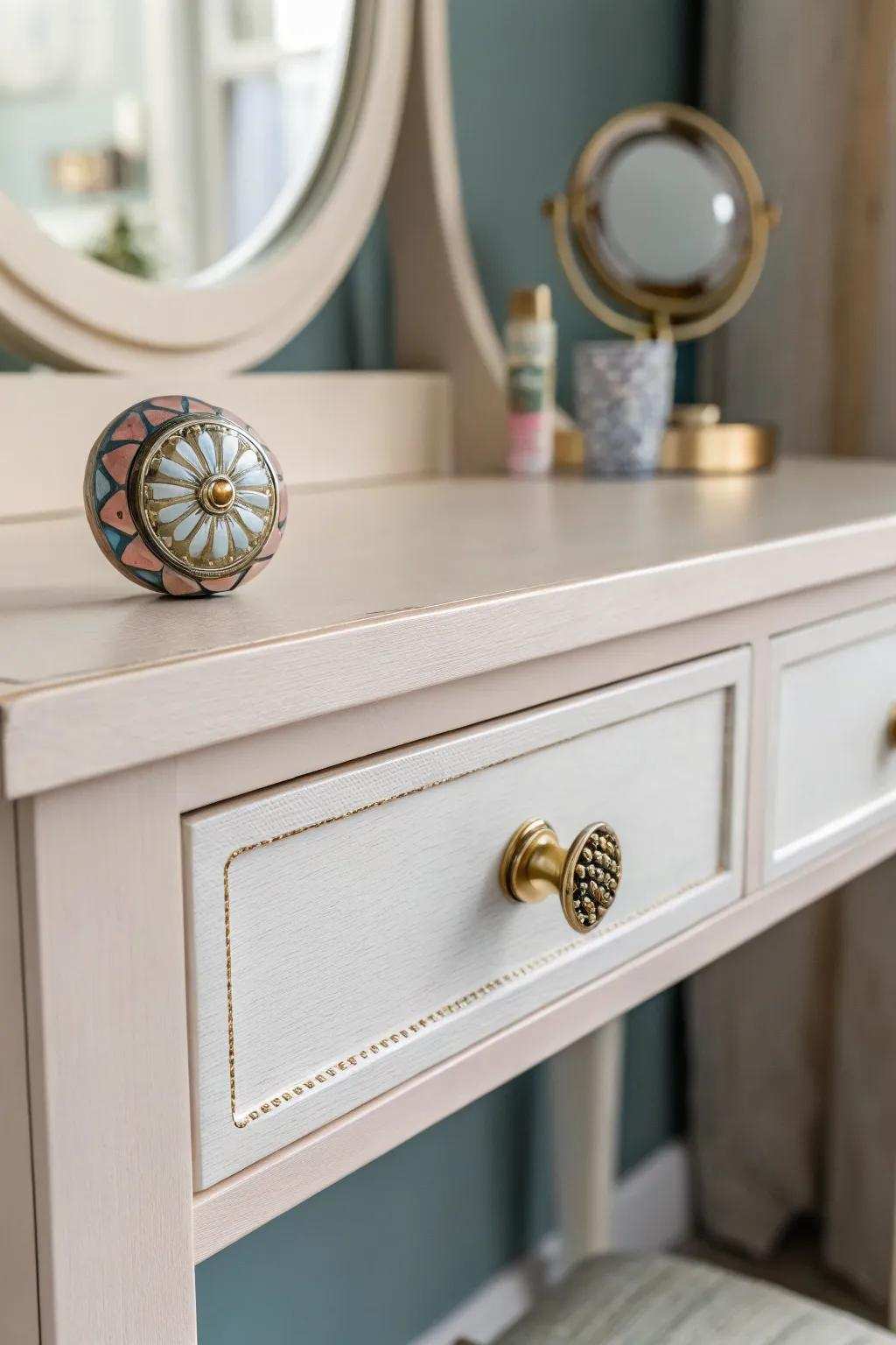 Elevate your dressing table using varied drawer accents for a lively yet refined touch.
