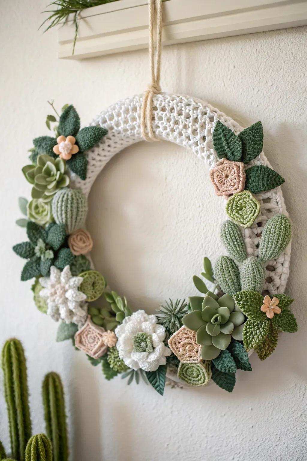 Elevate your expanse via a soupcon of artisanal verdure a stunning crochet fleshy wreath that encapsulates the quintessence of innate loveliness and minimalist sophistication.