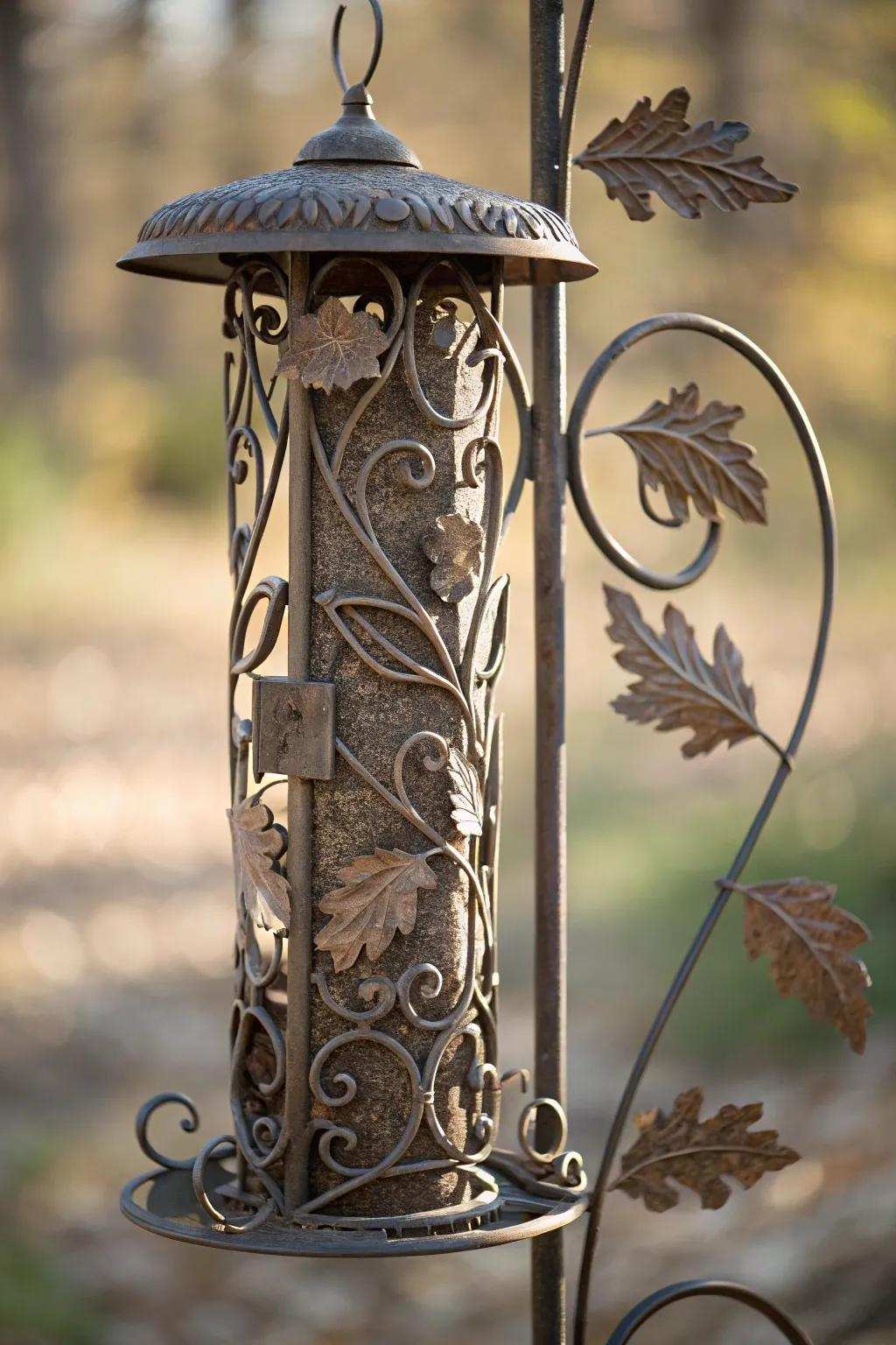 Elevate your garden using this exquisite metalwork bird station column, where artistry merges with nature.