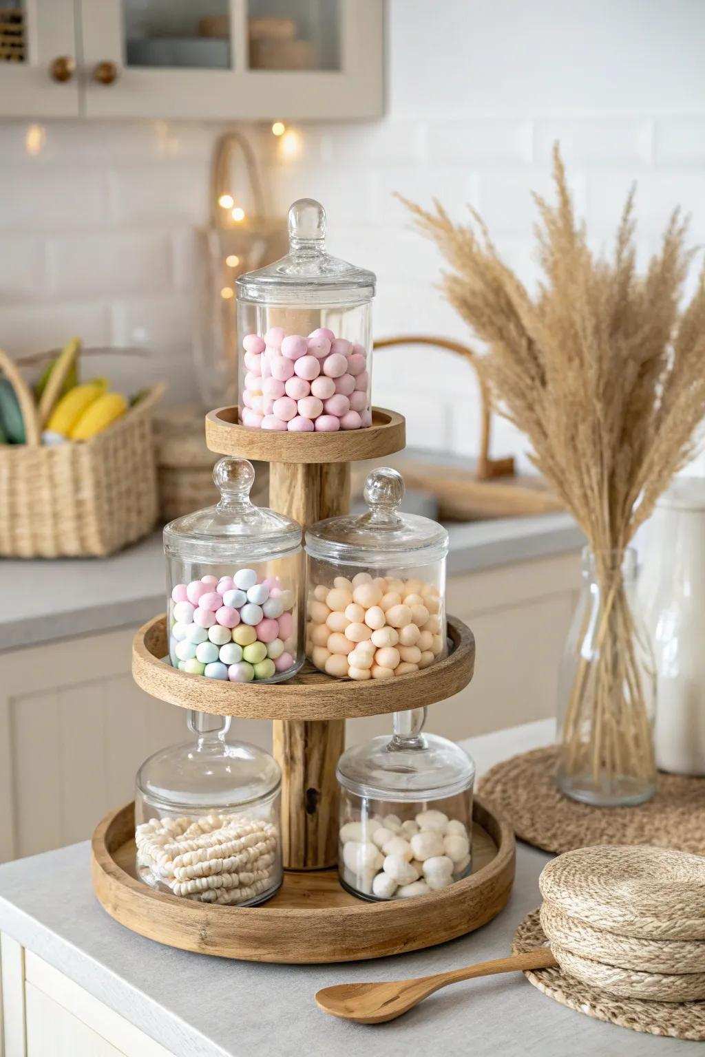 Elevate your gatherings with a stunning tiered confectionery arrangement that marries minimalist grace with a hint of Boho charm.