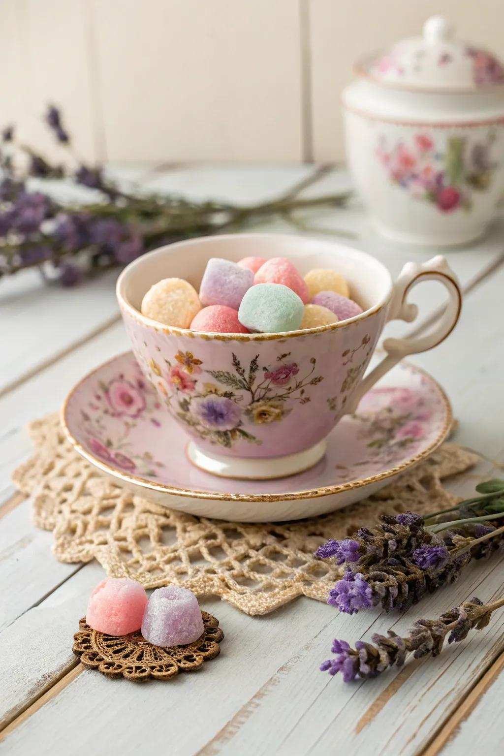 Elevate your get-togethers with vintage charm: teacups as confectionery receptacles lend a touch of elegance to any occasion.