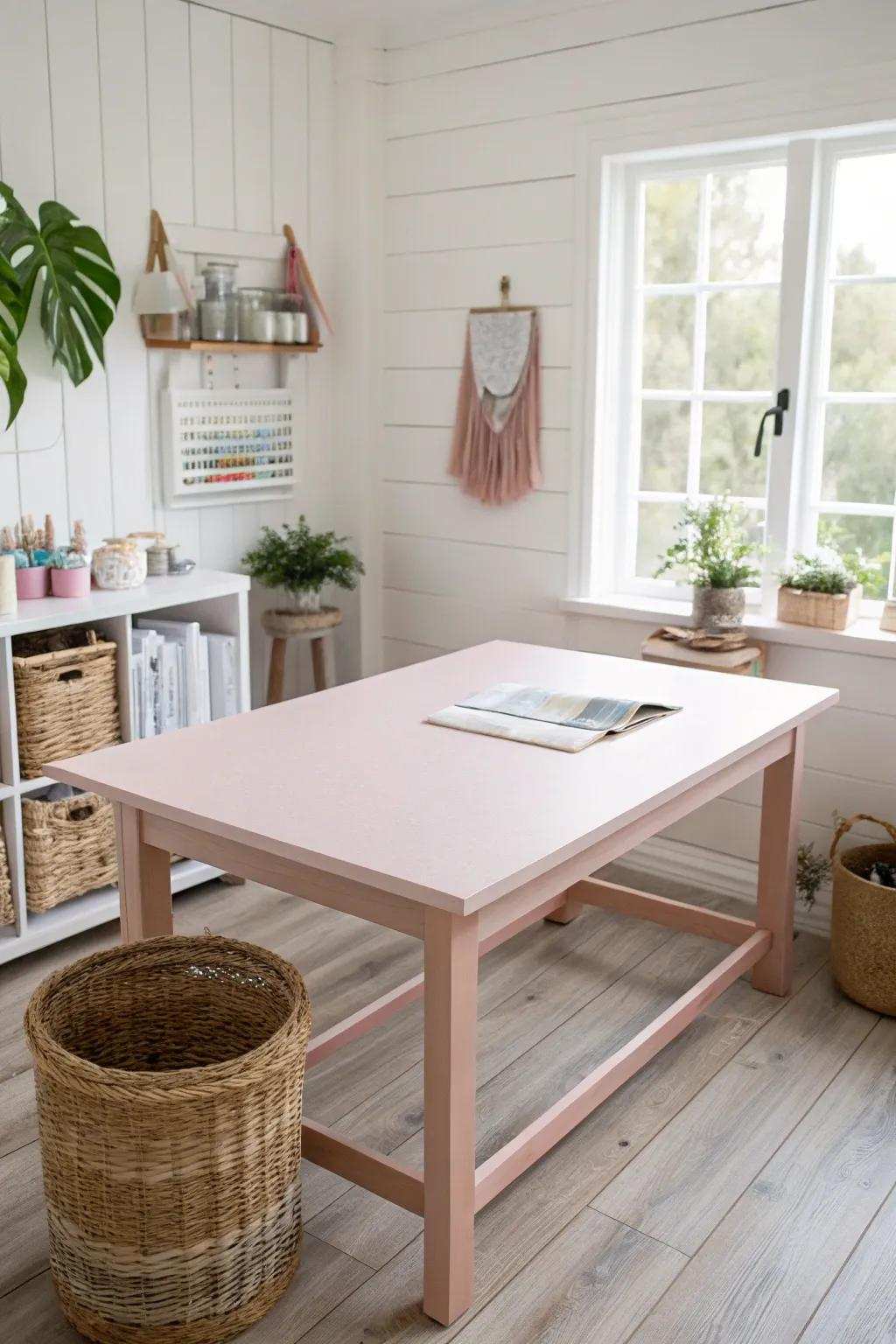 Elevate your ingenuity with a charming rose crafting table in a minimalist setting. #CraftingSpaceObjectives