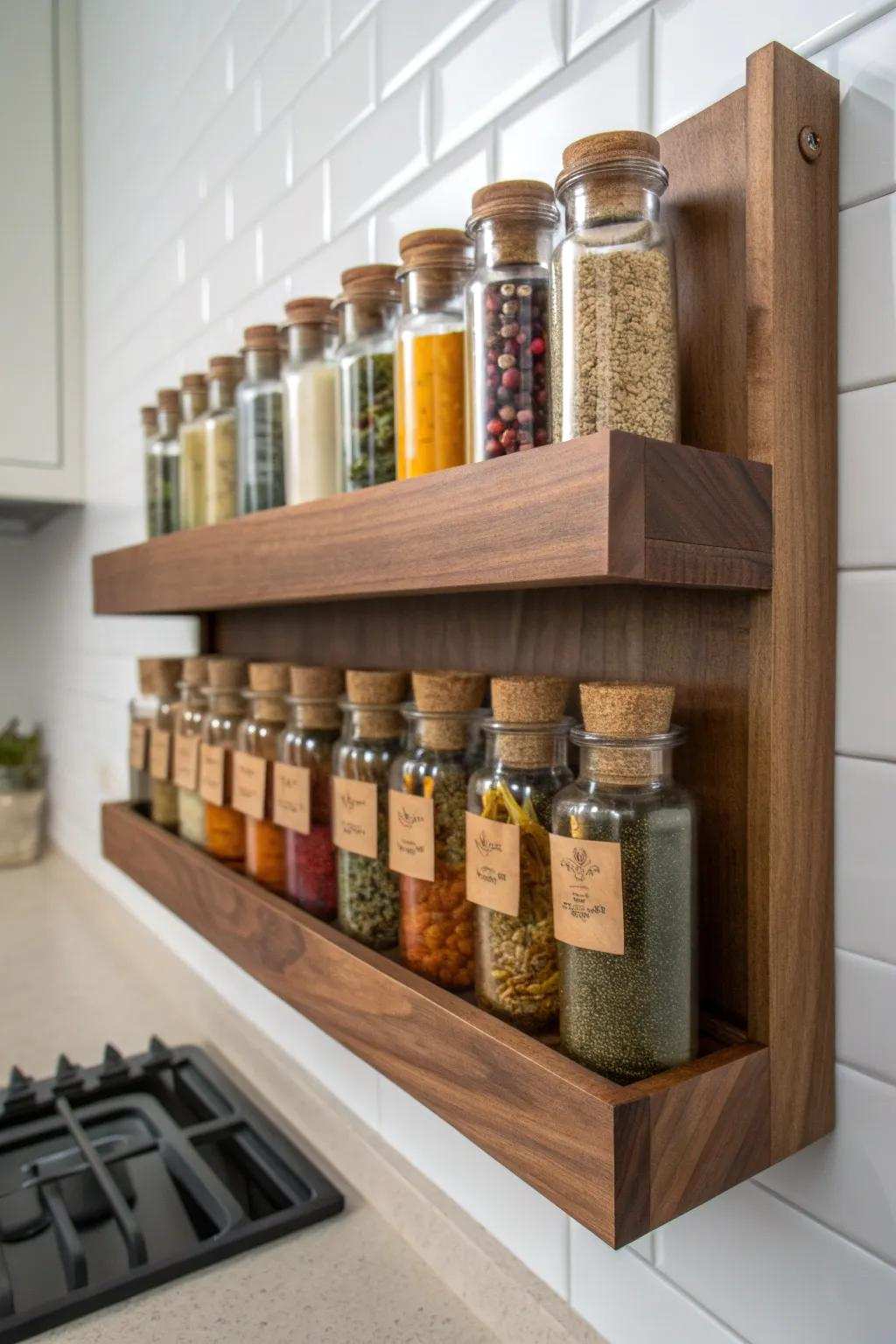 Elevate your kitchen style with a bespoke wood spice rack that marries form and function.