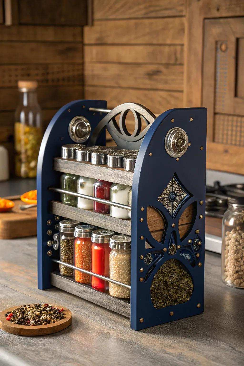 Elevate your kitchen style with this bespoke metal spice rack, where industrial design meets vibrant functionality.