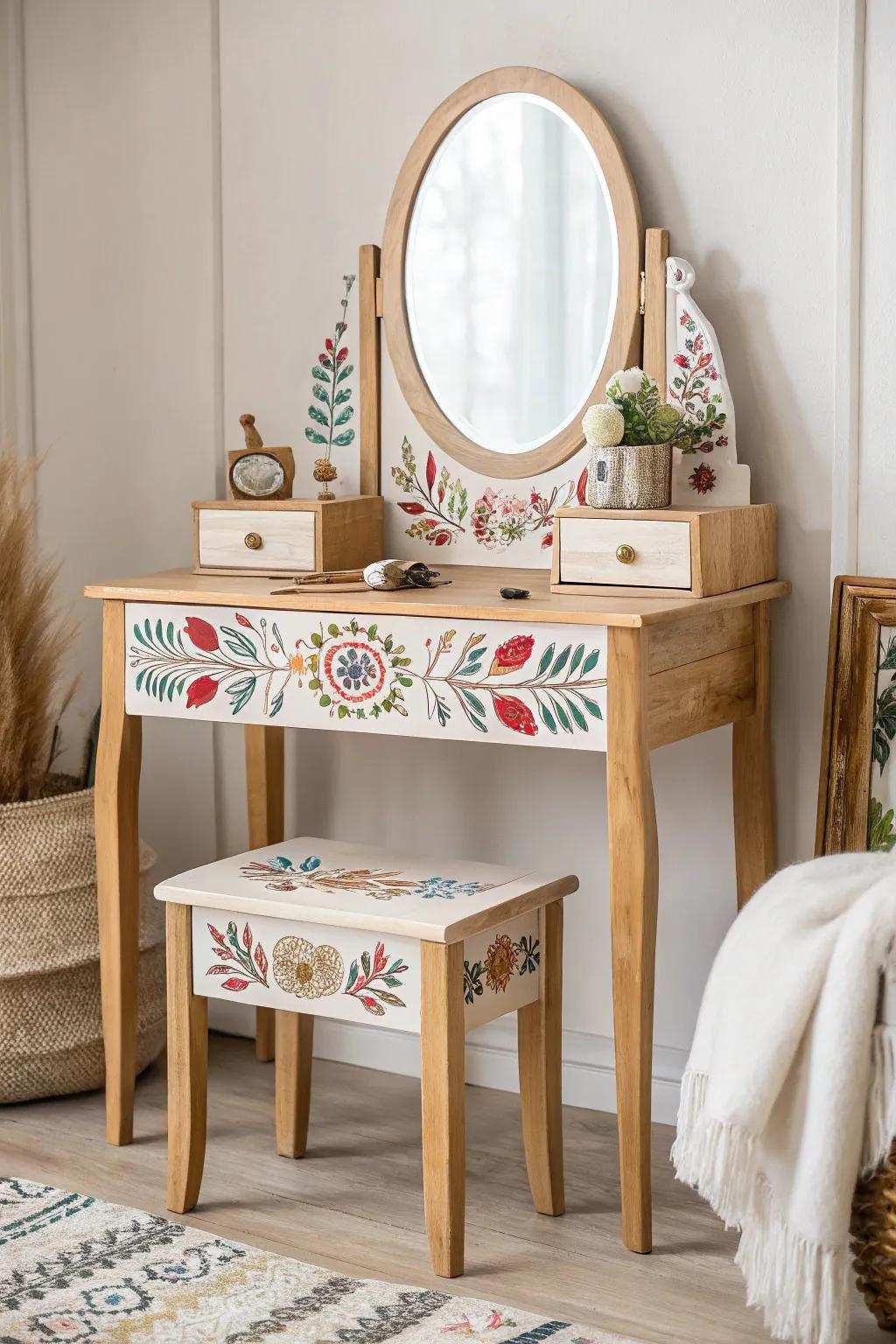Elevate your personal area with a whimsical touch: patterned floral motifs for a distinct dressing table makeover.