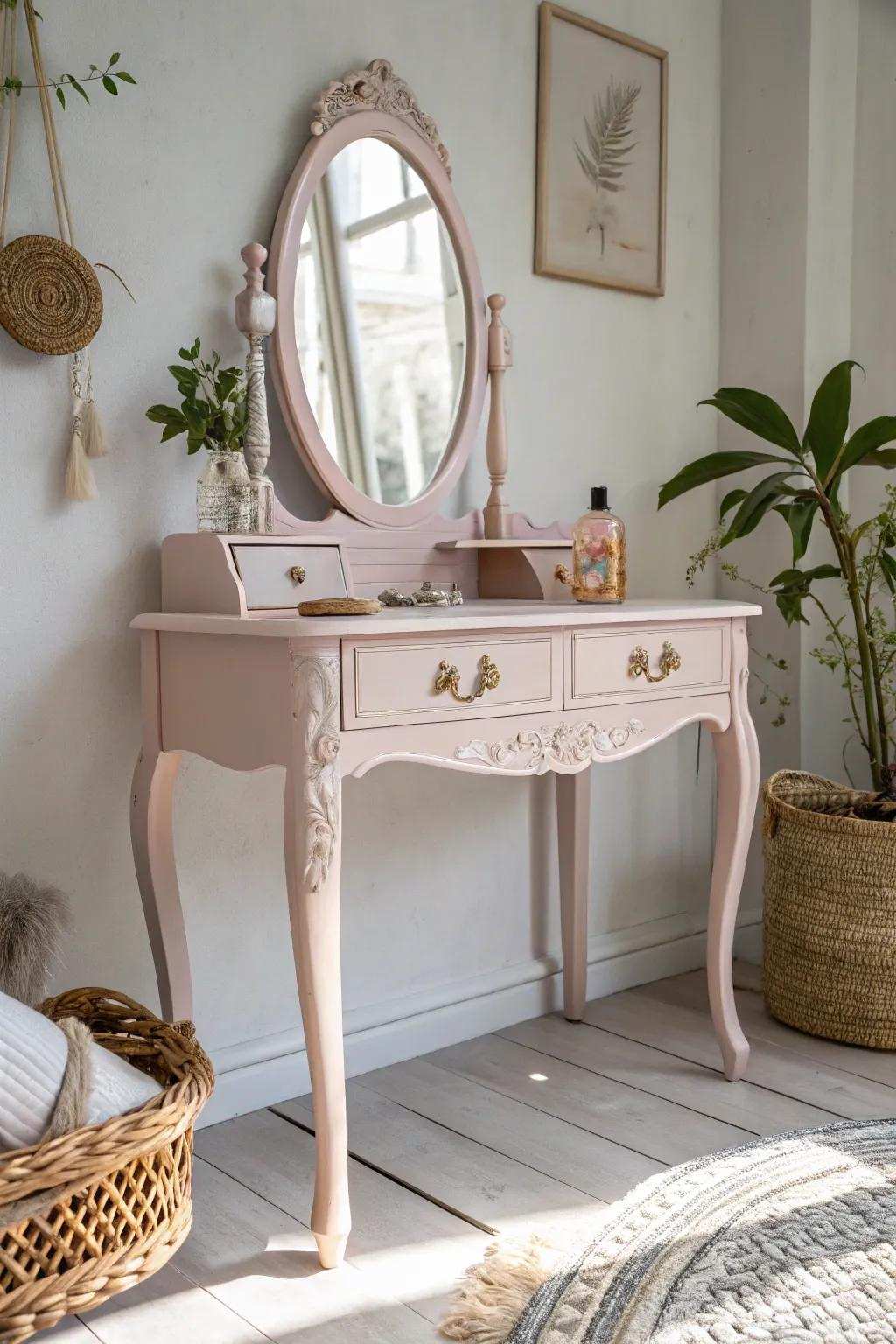 Elevate your personal area with timeless vintage charm and contemporary sophistication. ✨ #VintageDressingTable #BohoElegance #SoftTonedInspiration