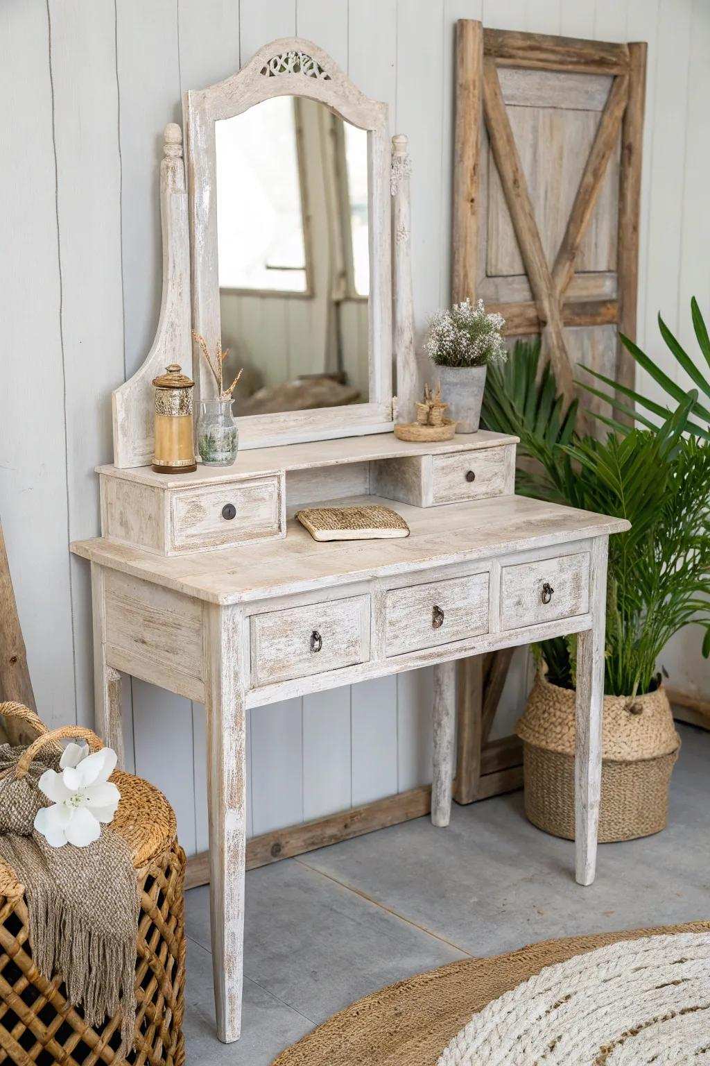 Elevate your personal area with understated rustic beauty: a worn stylish dressing table that's equally charming and comfortable.