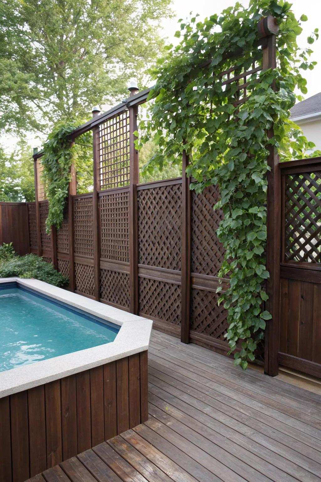 Elevate your poolside refuge with an elegant slat partition, where workmanship blends with nature.