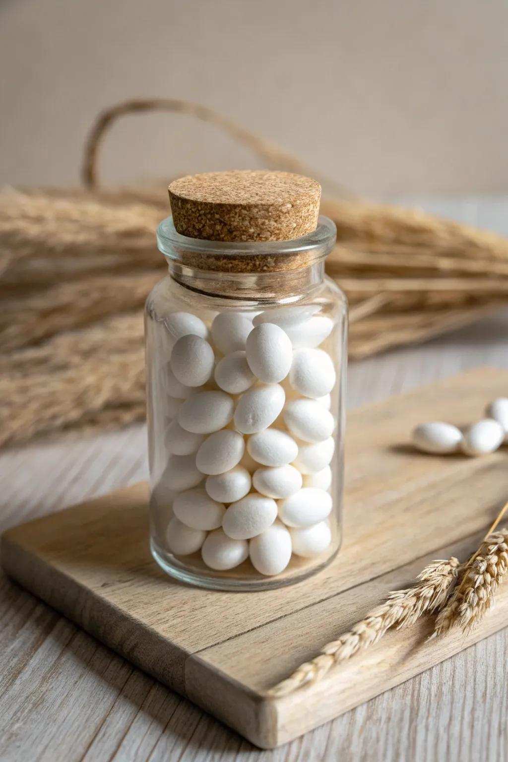 Elevate your space with minimalist elegance: All-white candies in a beautifully simple glass canister.
