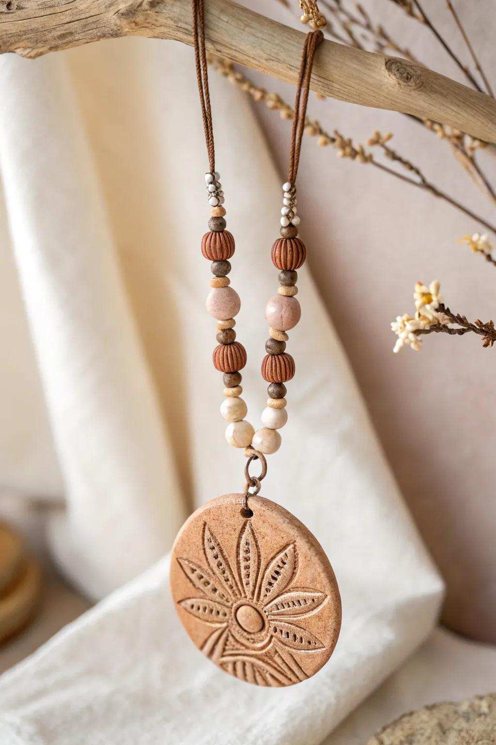 Elevate your style with mixed medium magic: a clay charm that combines effortlessness with artistic appeal.