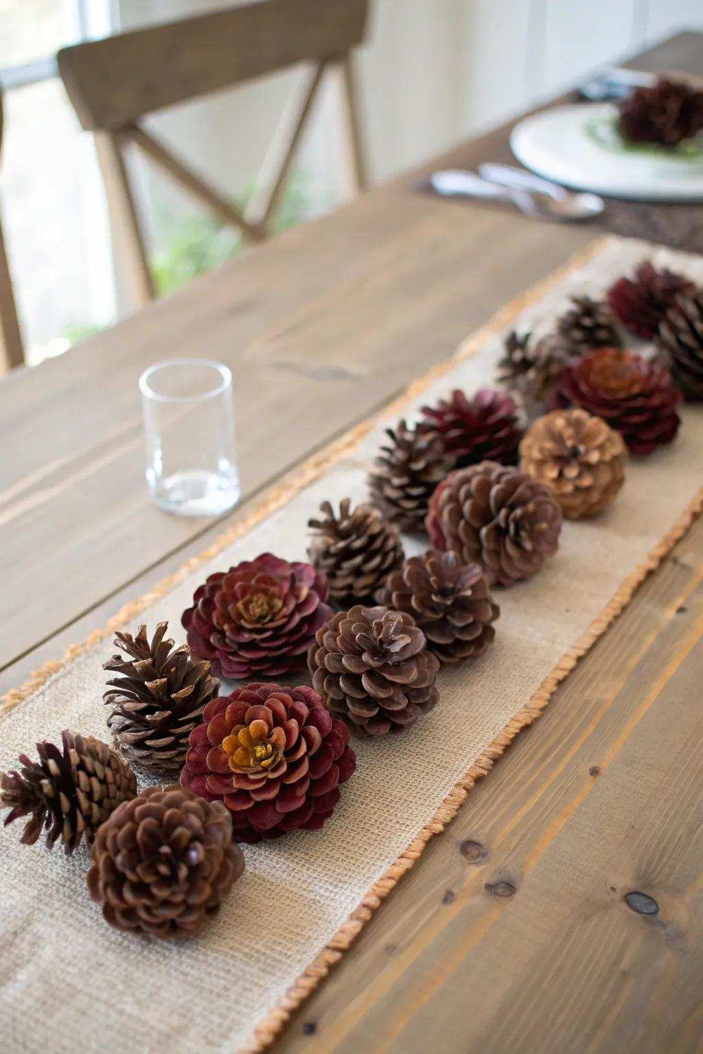 Elevate your table arrangement with a rustic yet graceful pinecone floret runner, ideal for a suggestion of organic beauty.
