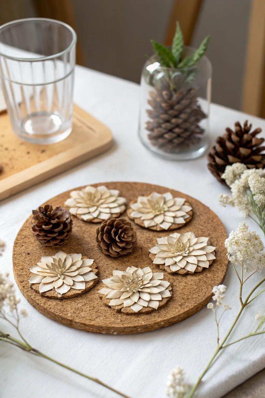 Elevate your table setting with the rustic charm of pinecone floret bases, where artistry meets functionality.