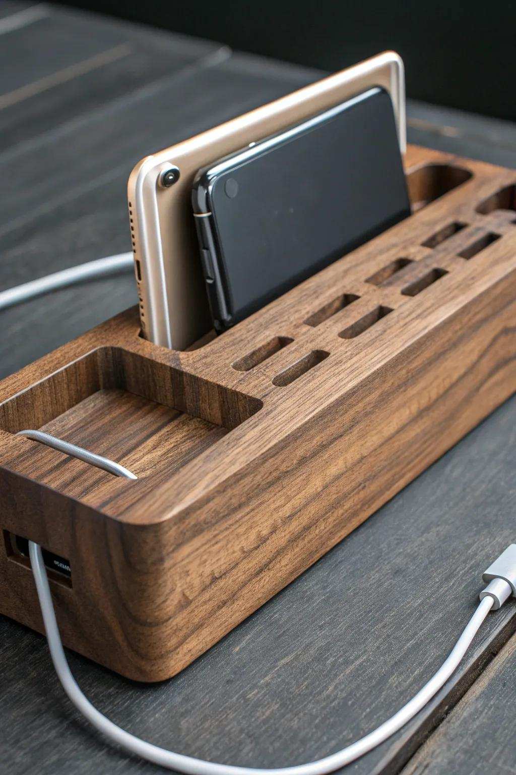 Elevate your tech space with this sleek, handcrafted wood charging dock—where functionality meets craftsmanship.
