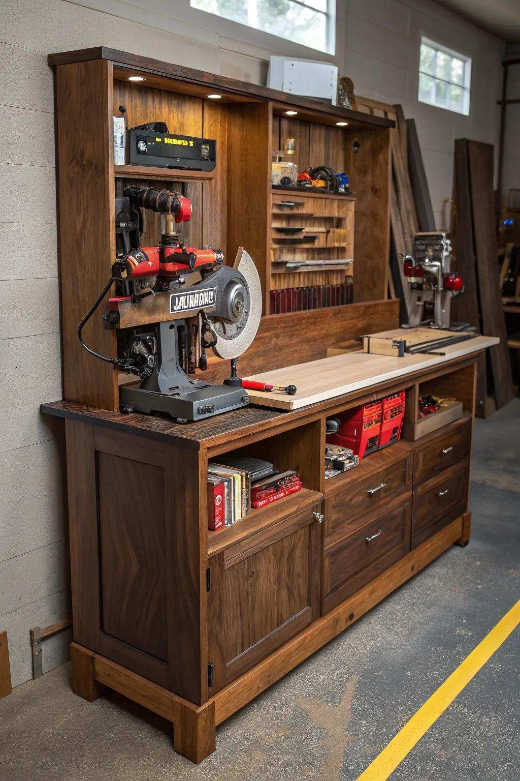 Elevate your woodshop effectiveness through this expertly designed multi-task saw center—where accuracy converges with skill.