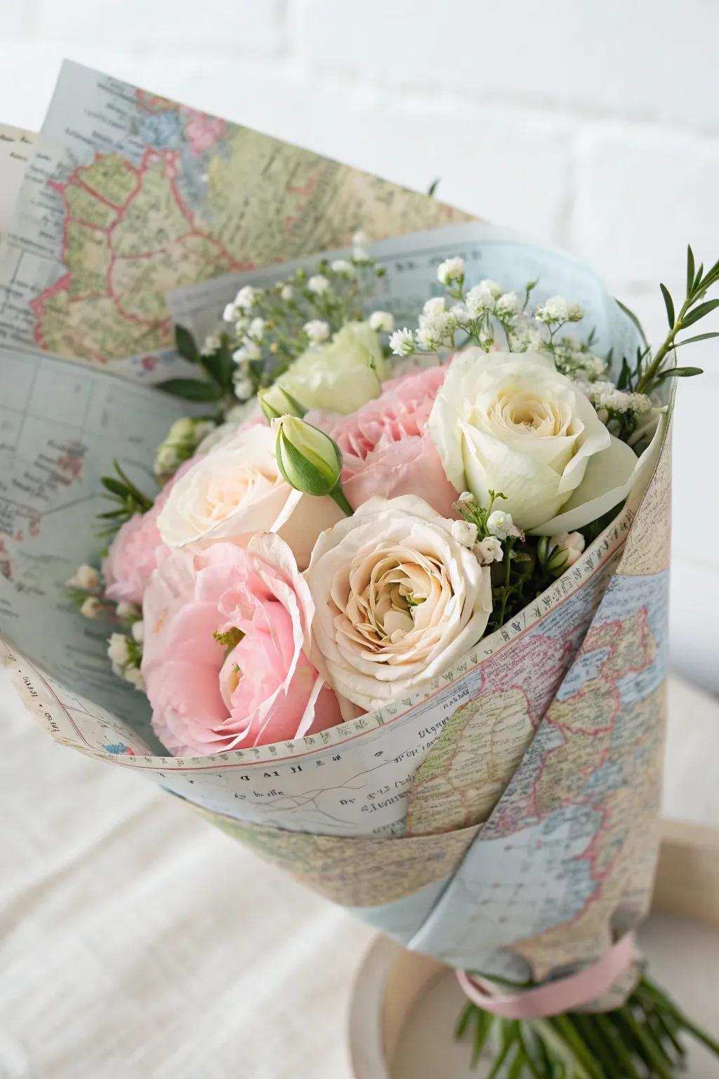 Embark on an adventure with a bouquet enveloped in memories of classic maps.
