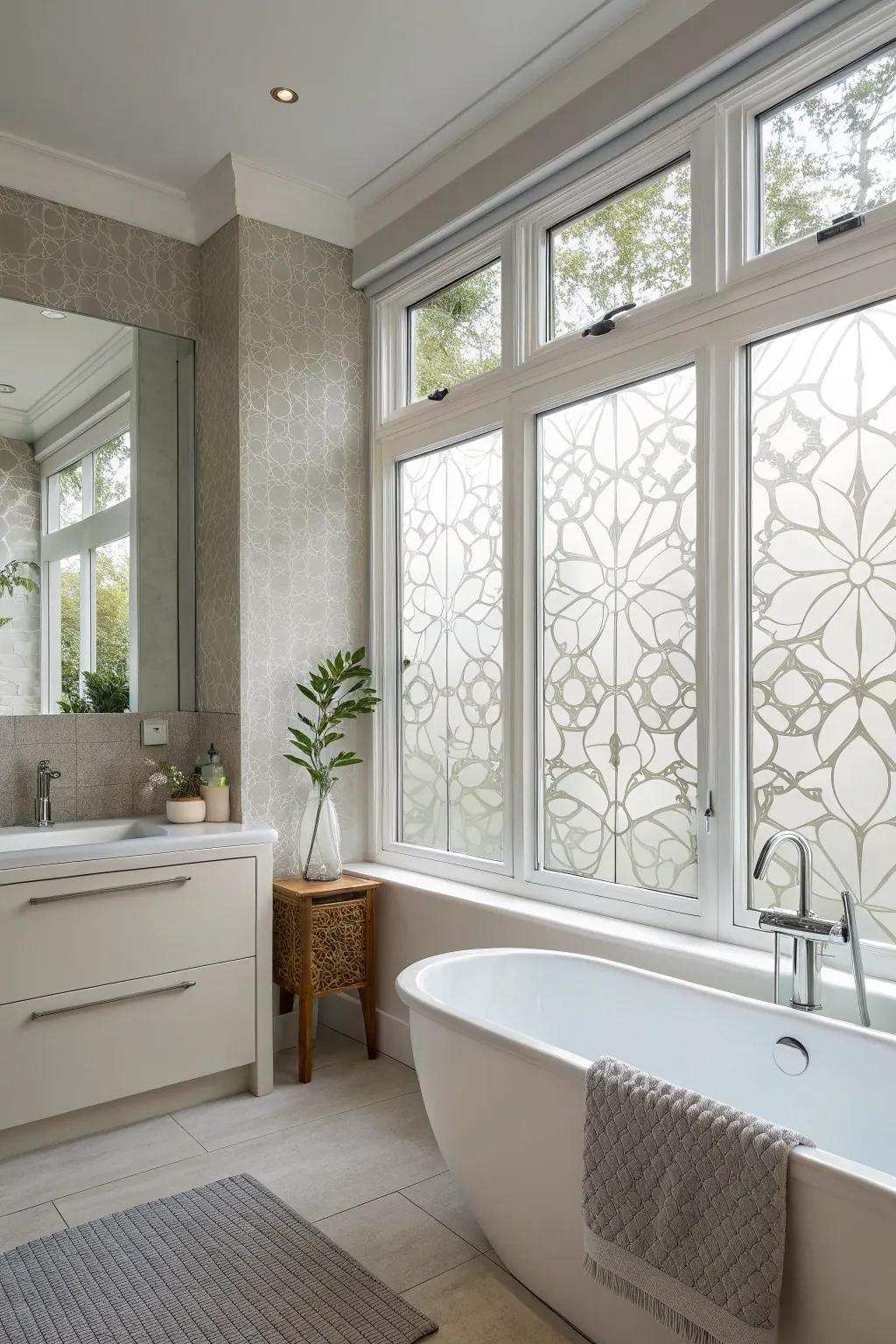 Embellished film offers privacy with an artistic touch for casement windows.