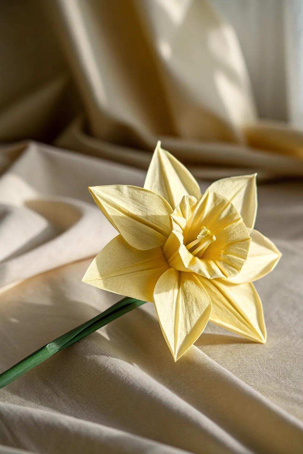 Embody the spirit of spring with a handcrafted paper daffodil, blending simplicity and artistry for a hint of nature indoors.