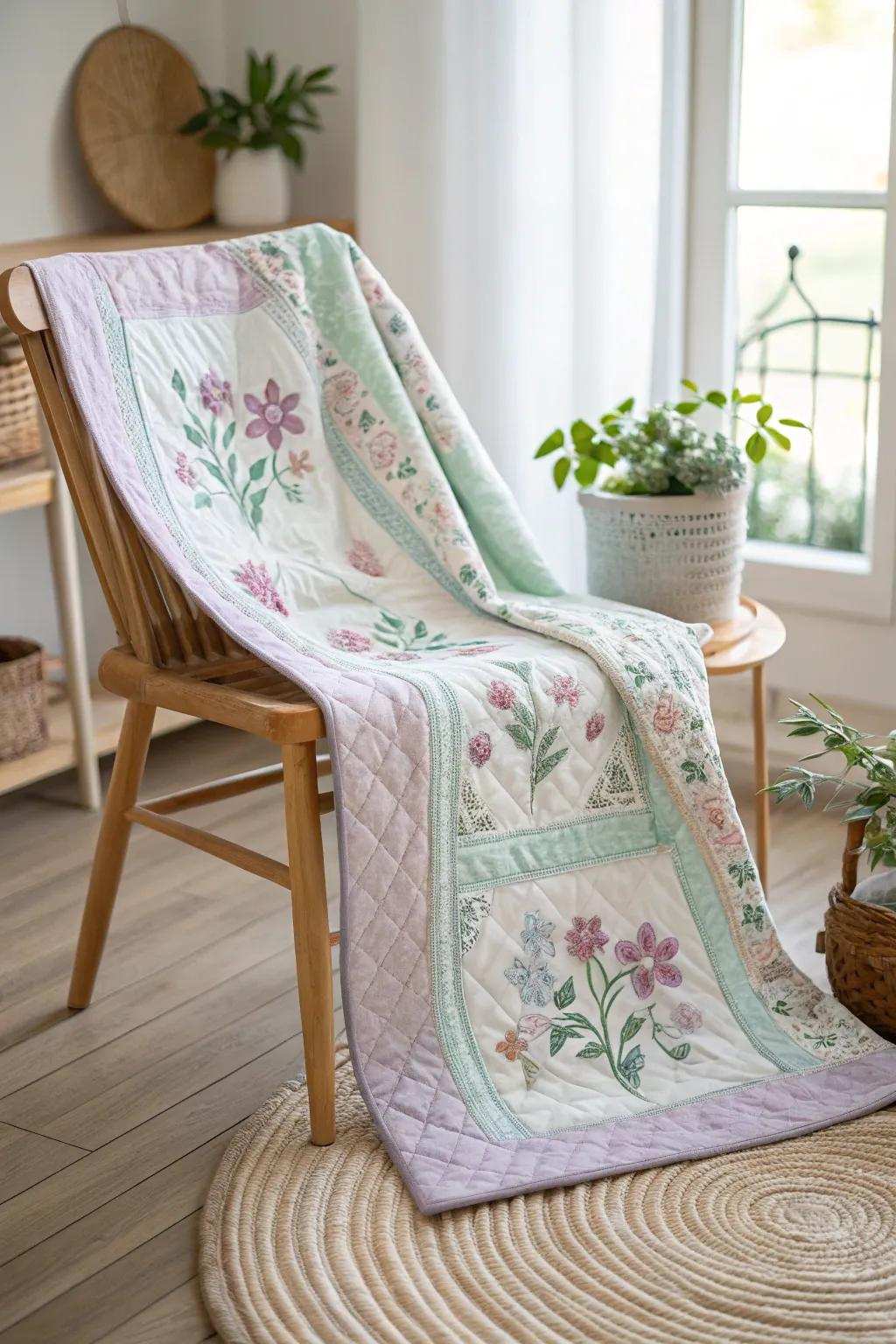 Embrace a hint of nostalgia with this retro bloom quilt, where delicate blooms and gentle pastels craft timeless beauty.